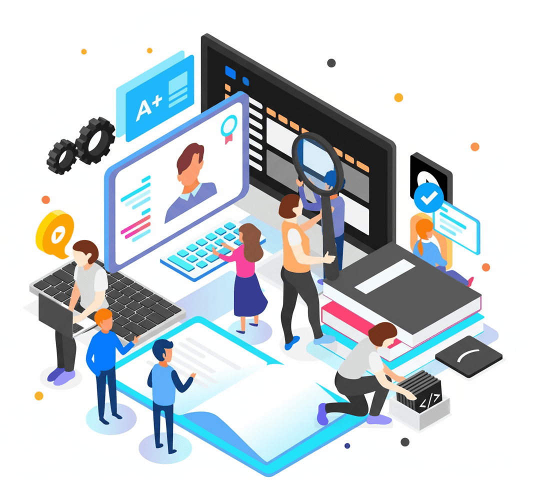 Digital illustration showing Educators and students engaging with digital management systems, online coursework, and attendance tracking on laptops and devices using Creviz custom ERP software for educational institutes