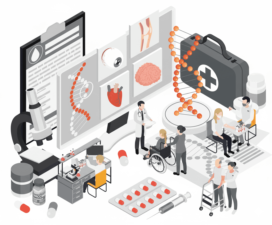 Digital illustration showing Doctors, nurses, and healthcare staff collaborating digitally on patient records, diagnostics, and treatment plans using Creviz custom healthcare ERP software