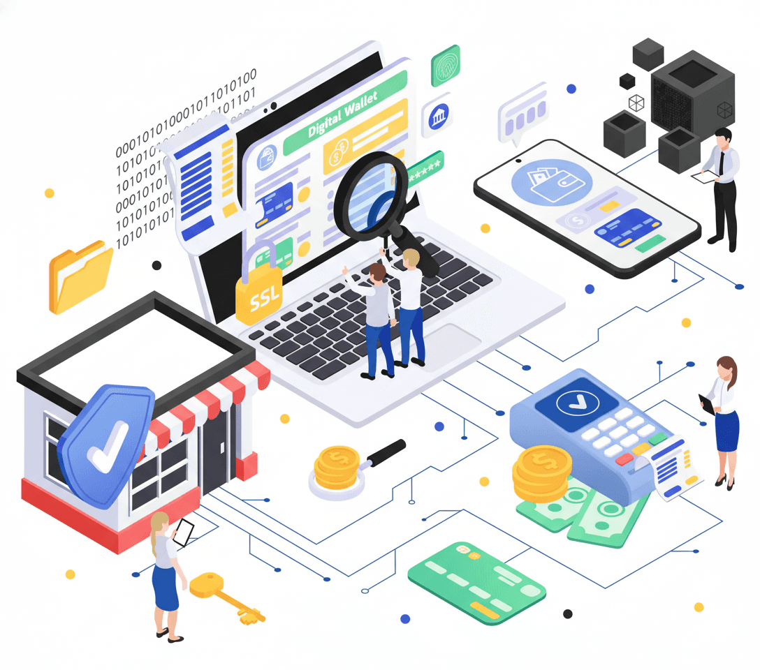 Digital illustration showing Retail managers and staff using connected digital systems for inventory management, payments, and customer experience in a store environment powered by Creviz custom ERP software