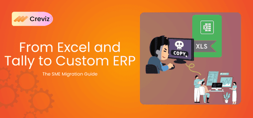 Featured image shows team struggling with excel and tally, also shows migration advantages to Custom ERP