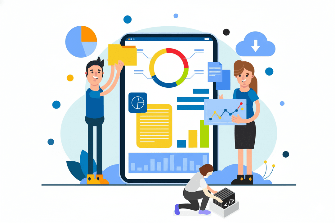 Digital illustration showing SME team collaborating to process, visualize, and interpret business data with interactive dashboards and charts using Creviz custom data analysis software