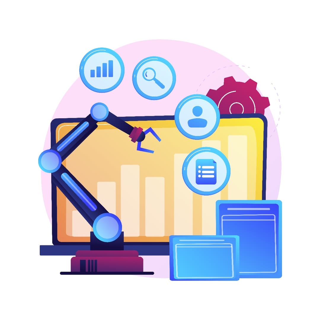Digital illustration showing Robotic arm automating digital workflow tasks against a data dashboard, symbolizing SMEs streamlining processes and reducing repetitive manual work with Creviz workflow automation software