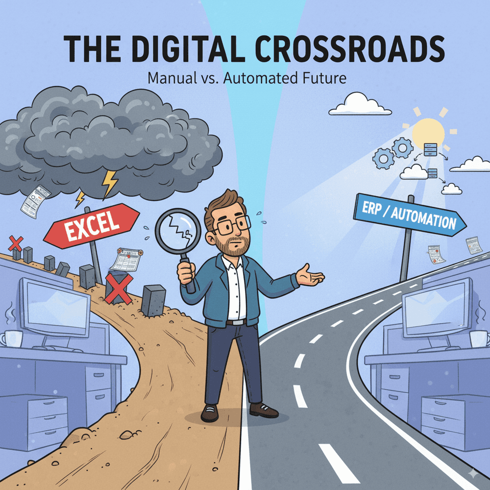 Digital illustration indicates that SMEs owner is confusion over digital transformation against choosing between template based ERP or Excel and custom software that built around their unique workflow.