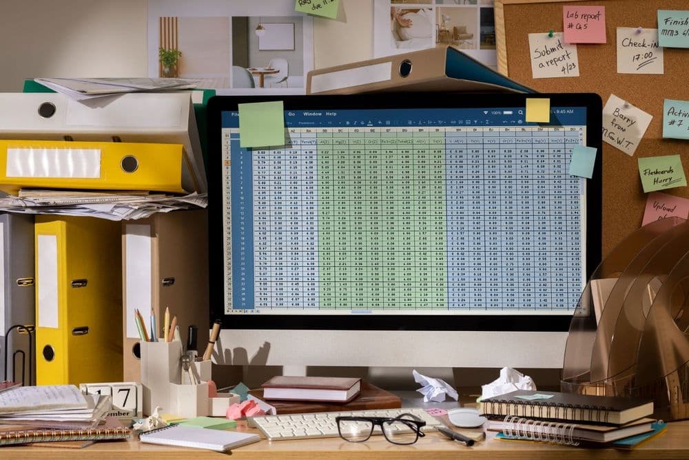 Overwhelming Excel spreadsheet on cluttered desk showing inefficiencies in small business data management