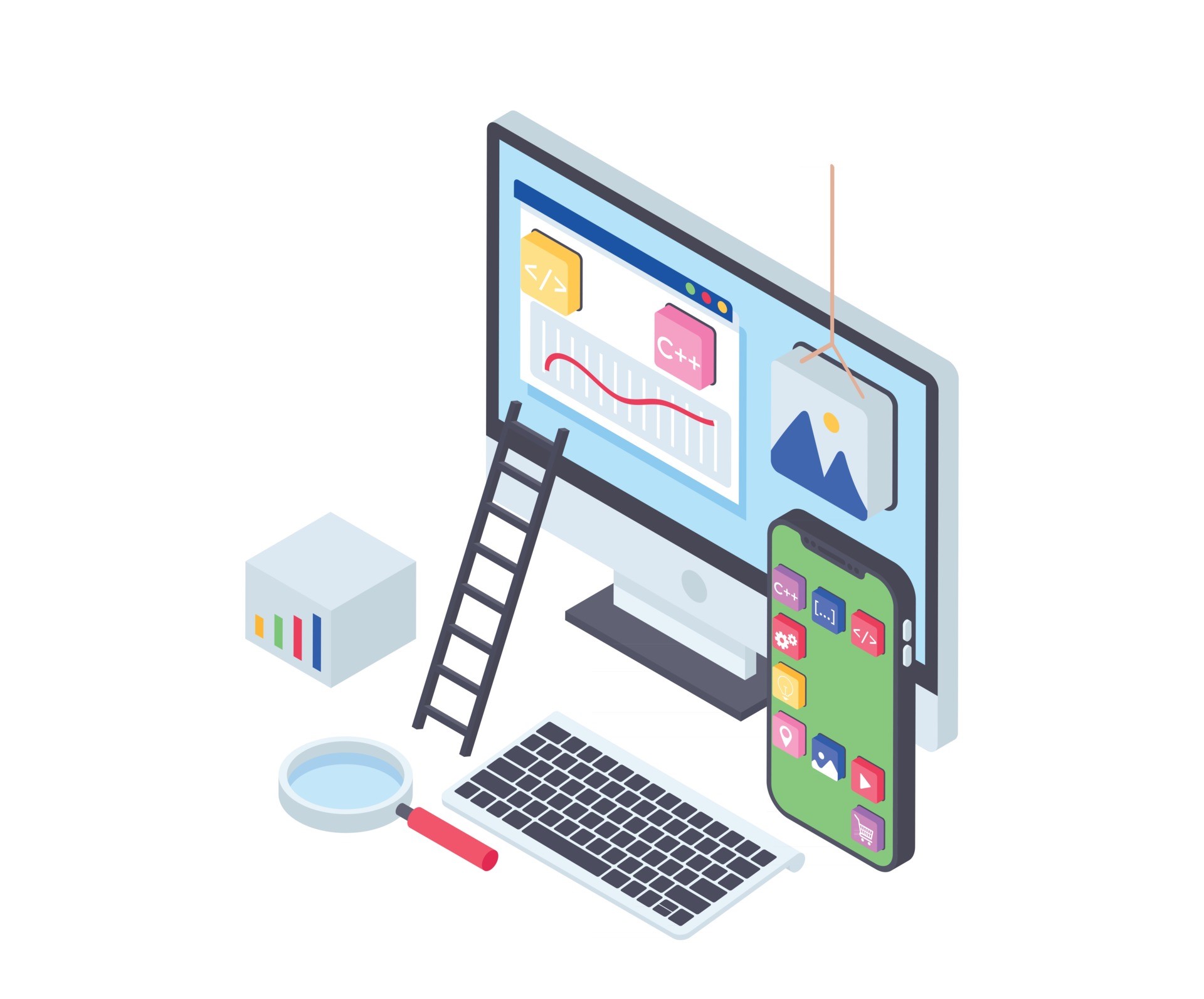 Digital illustration showing Desktop computer displaying software code and analytics, with mobile app icons and workflow tools representing Creviz’s AI-powered custom software solutions for SMEs
