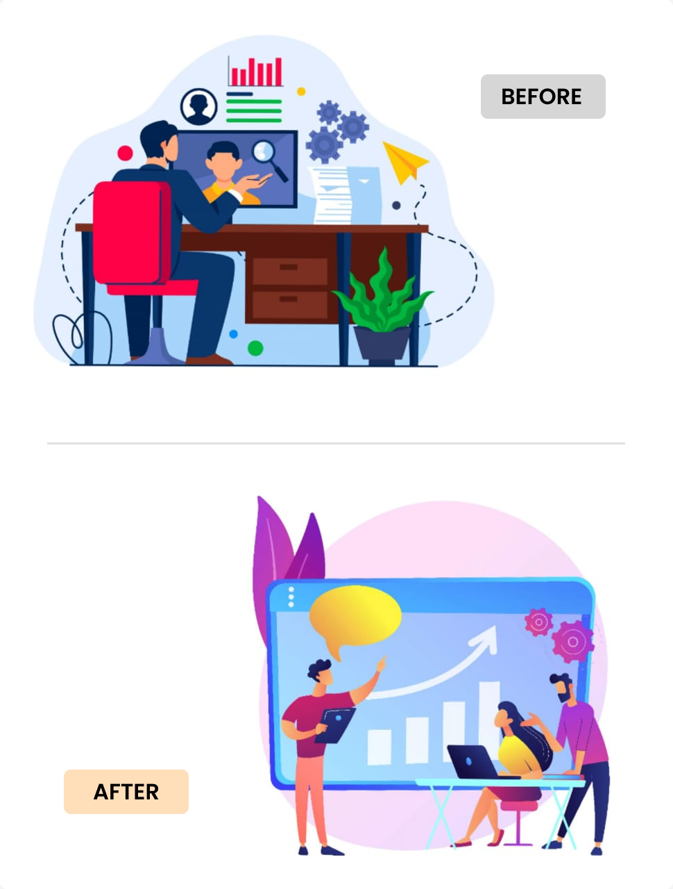 Digital illustration showing Visual comparison of a frustrated SME owner with generic software and a happy team using Creviz’s tailored solution for dynamic workflows and growth