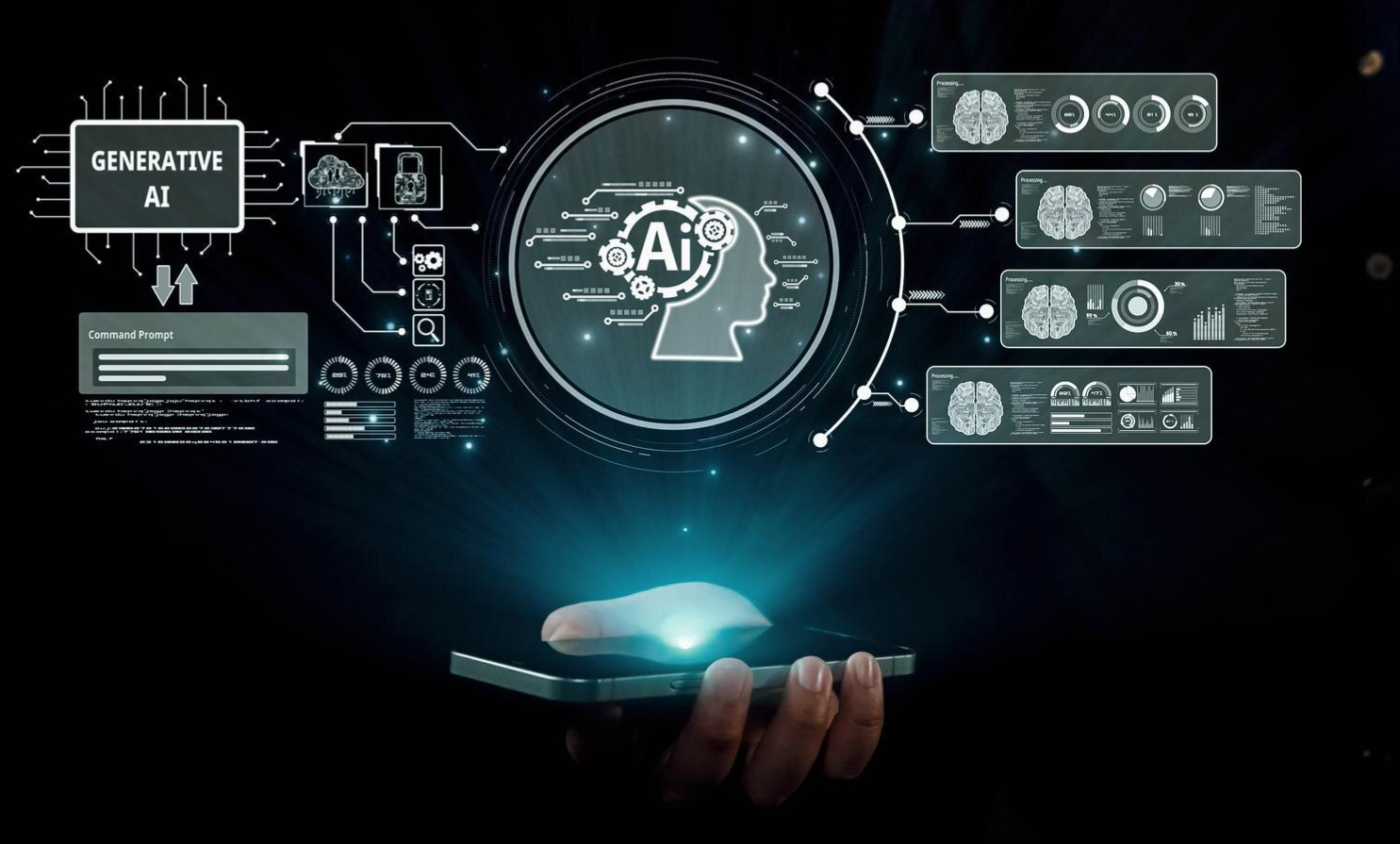 Generative AI-driven custom business solution dashboard emerging from a smartphone, representing no-code automation for SMEs